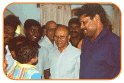 Mr. N Bitra, Friends & Family, With Mr. Kapil Dev & Sri PNV Prasad, Ex. SAAP Chairman, The occasion of Kinetic Boss Vehicle Opening at Bitra's House At Banjara Hills, Road No. 10, On 21st Oct'2002.